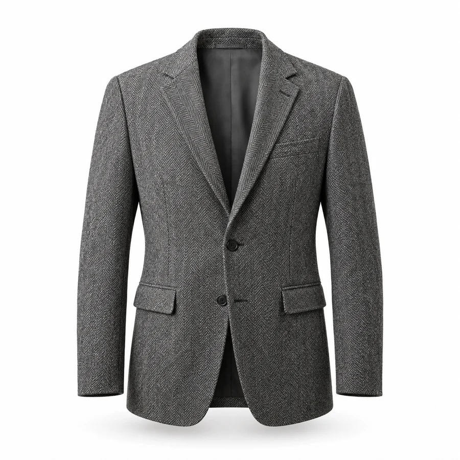 Americana 12 gris de espiga con dos botones, bolsillos de tapeta y bolsillo de pecho