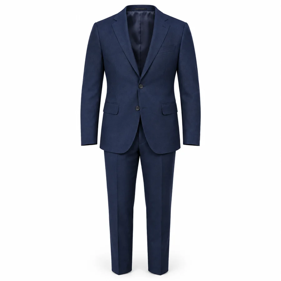 Traje 01 en azul marino: chaqueta de dos botones con solapa de muesca y pantalón recto completo