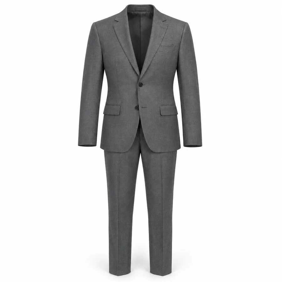 Traje 02 en gris medio: chaqueta de dos botones con bolsillos de tapeta y pantalón recto