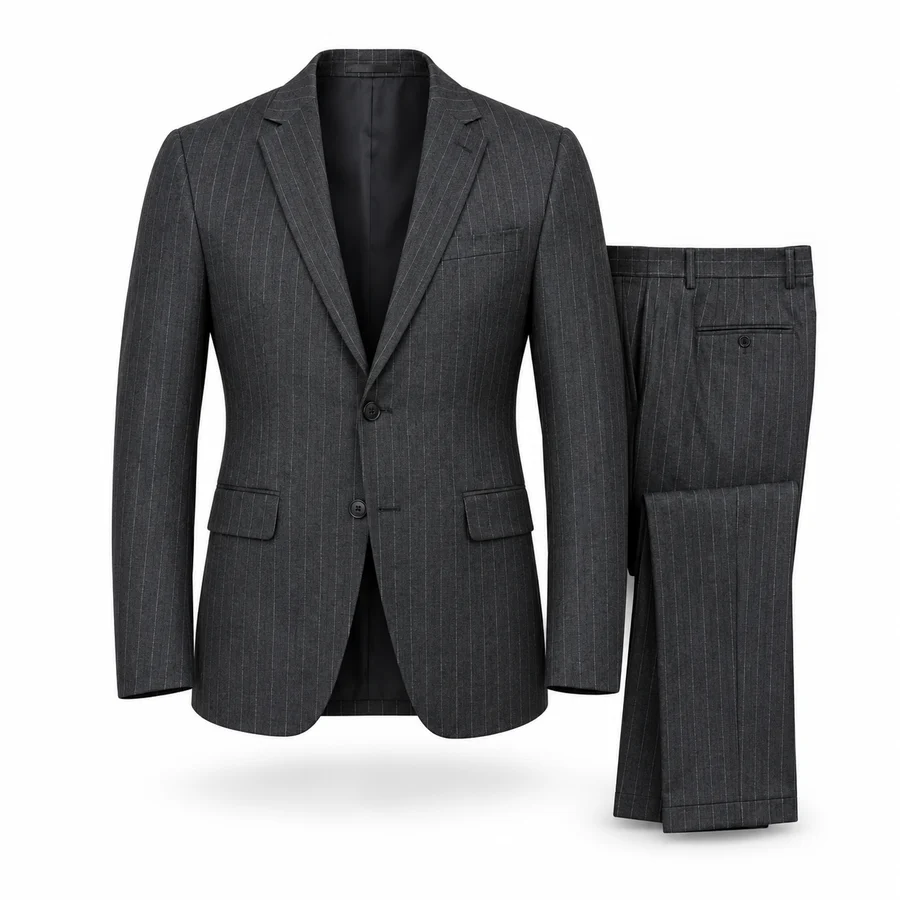 Traje 03 en antracita con raya diplomática fina: chaqueta de dos botones y pantalón doblado al lado