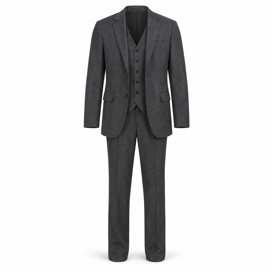 Traje 04 de tres piezas en gris oscuro: chaqueta abierta sobre chaleco de cinco botones y pantalón largo